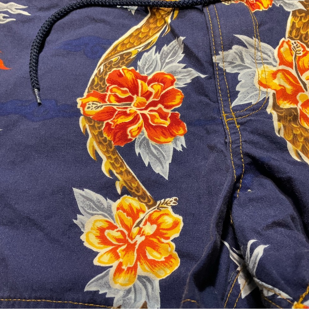 Y2K Board Shorts Women/Junior Sz 5 Blue Orange Hawaiian Print Floral Dragon Dish - Picture 2 of 9